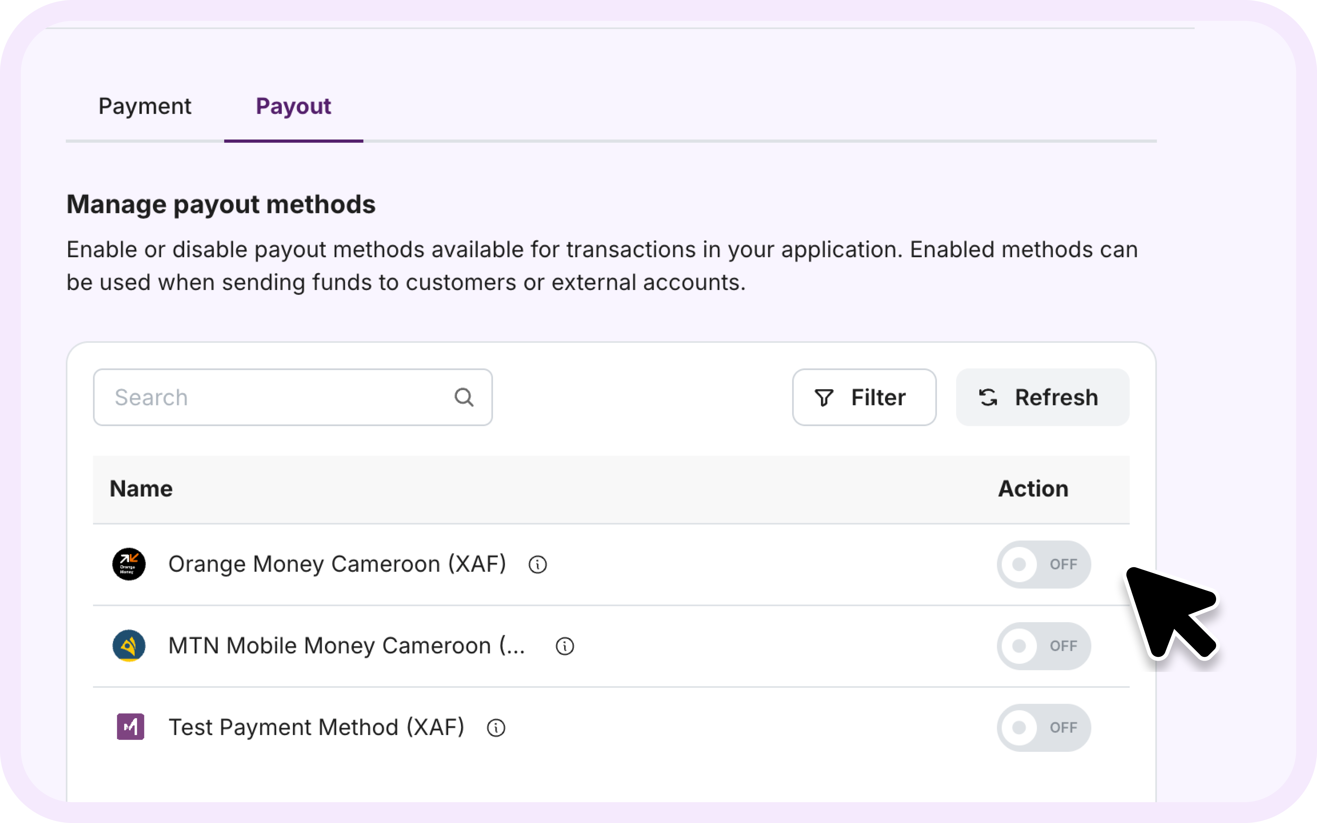 Enable Payout Methods
